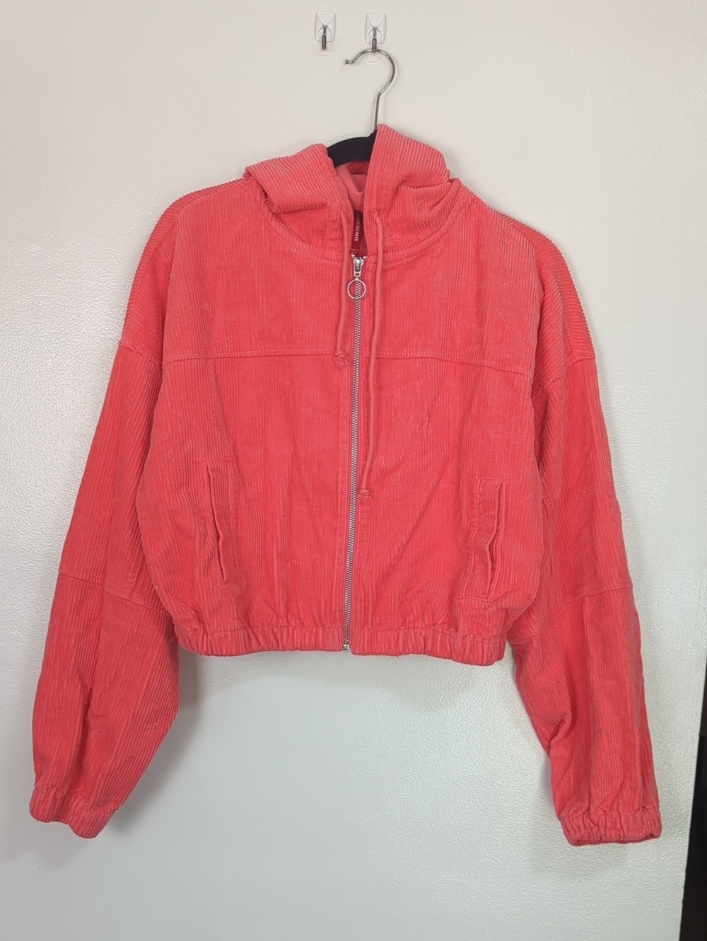 Unionbay Size M Bright Pink Corduroy Hooded Zip-Up Cropped Jacket